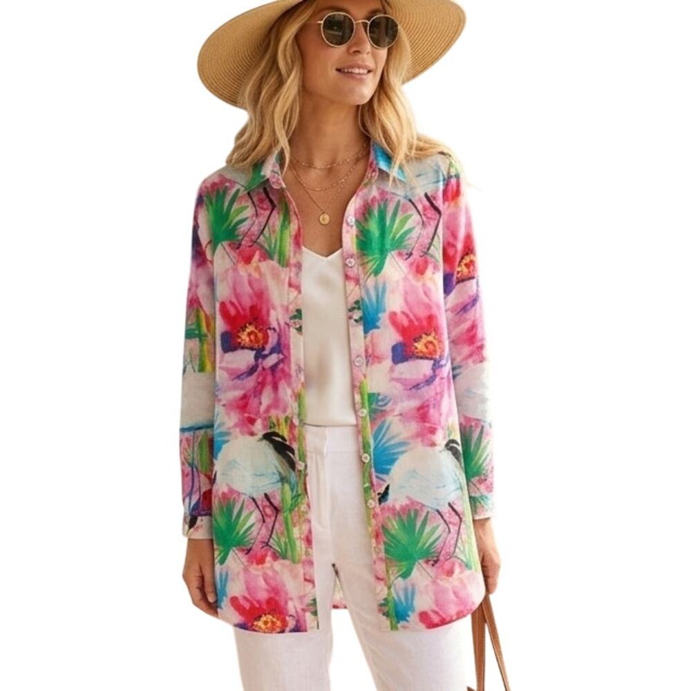 Soft Surroundings Breezy Bloom Tunic Womens Small Pink Tropical Aloha Floral Top
